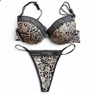 Rene Rofe Bra and Panty Set Women 36C/Large Gray Leopard Print Lace Trim 2PC NWT